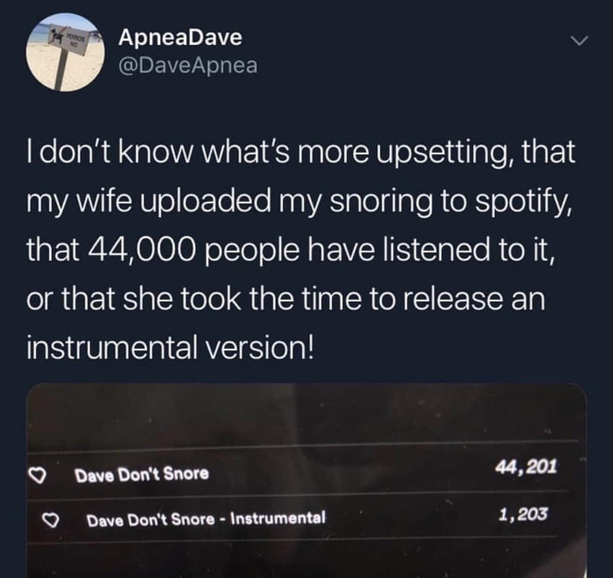 A viral tweet by ApneaDave showing his wife uploaded his snoring to Spotify and 44,000 people listened to it.