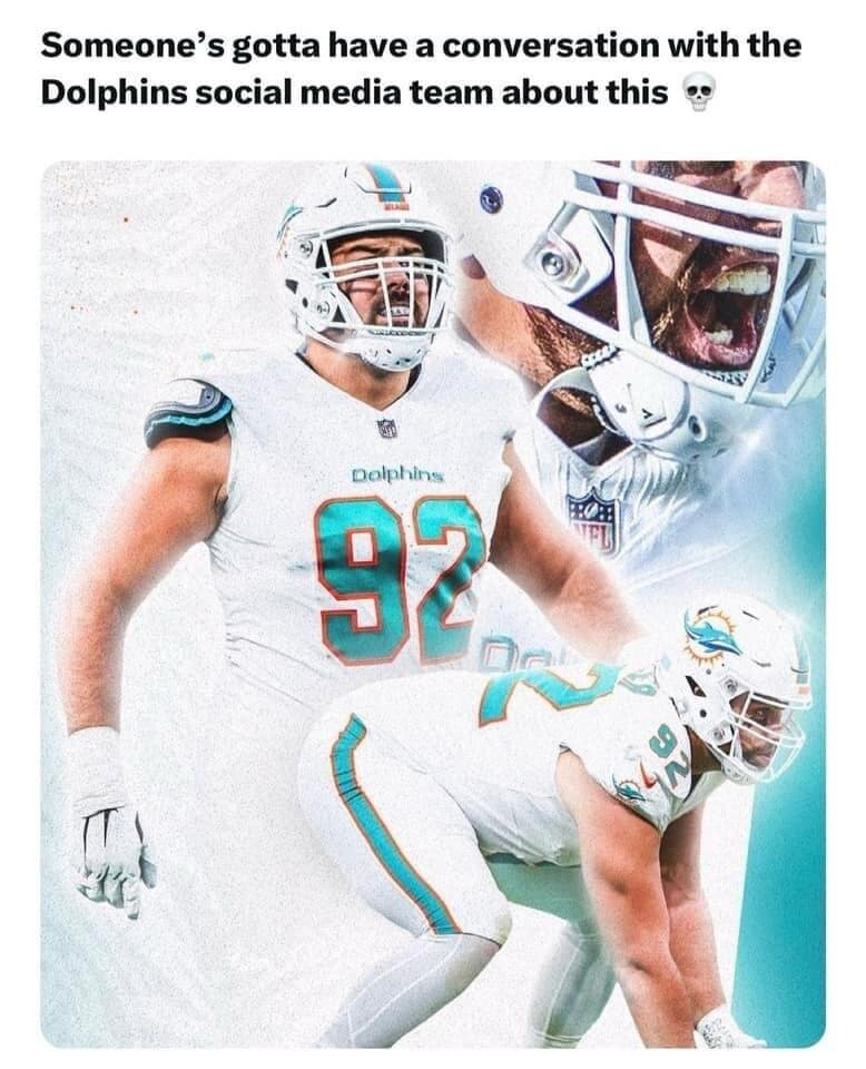 A classic meme showing an unfortunately posed Miami Dolphins graphic where one player appears to be behind another in a suggestive way.
