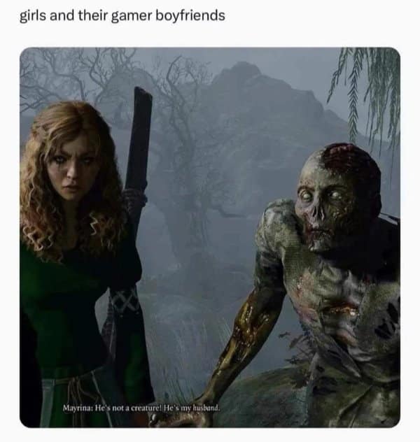 A classic meme comparing "girls and their gamer boyfriends" using an image of a beautiful fantasy sorceress standing next to a rotting zombie creature.