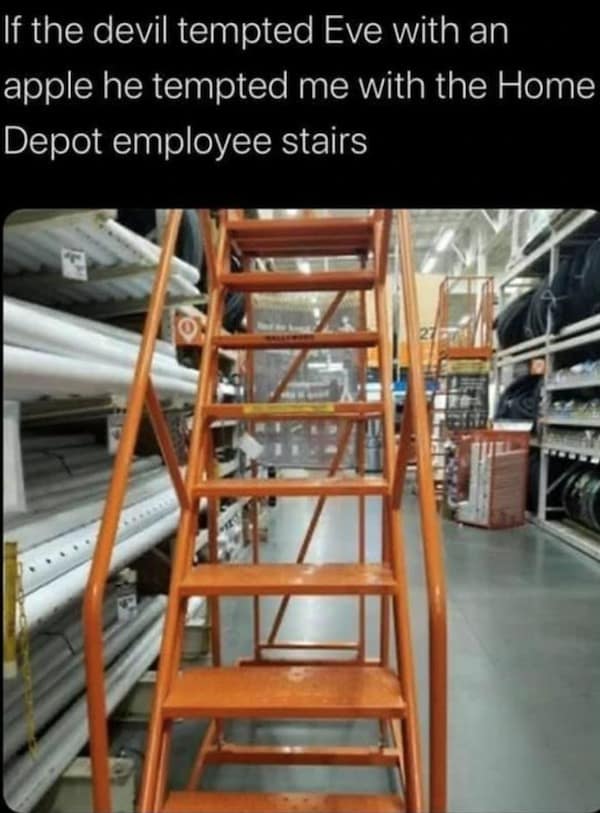 A viral tweet about the temptation to climb the orange rolling stairs at Home Depot, comparing it to Eve and the apple.