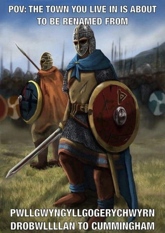 A classic meme of medieval soldiers in a field, captioned about a town being renamed to a simpler name.