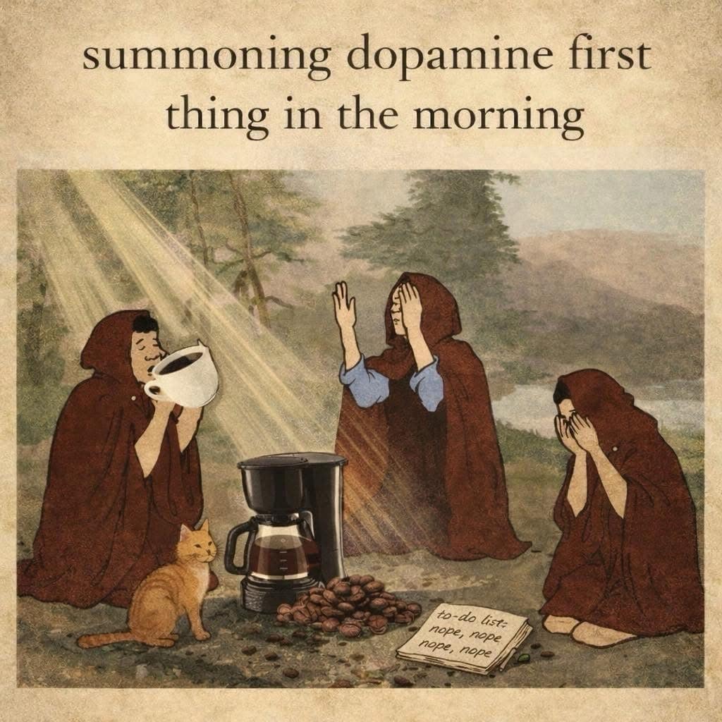 A classic meme medieval painting showing people worshipping a coffee pot to represent summoning dopamine.