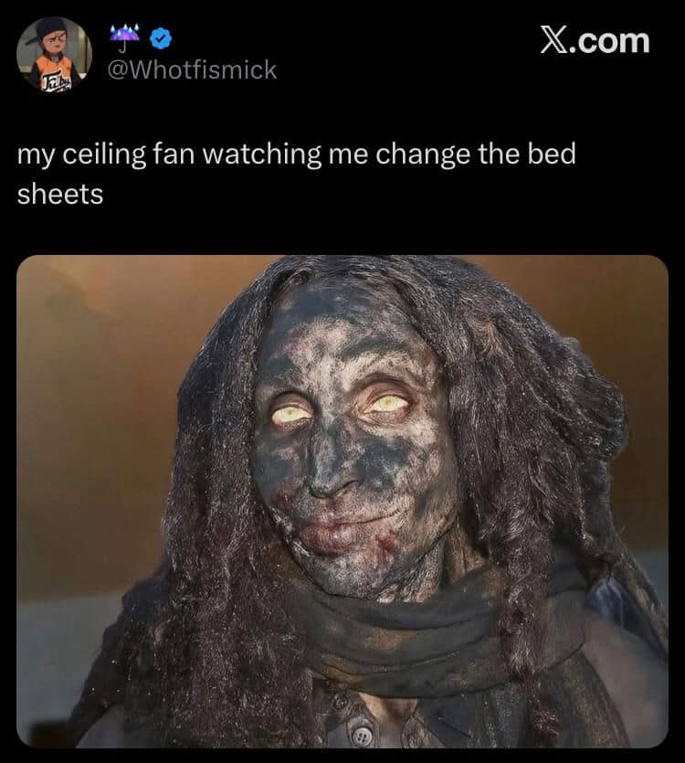 A classic meme showing a scary dirty face representing a ceiling fan watching someone change sheets.