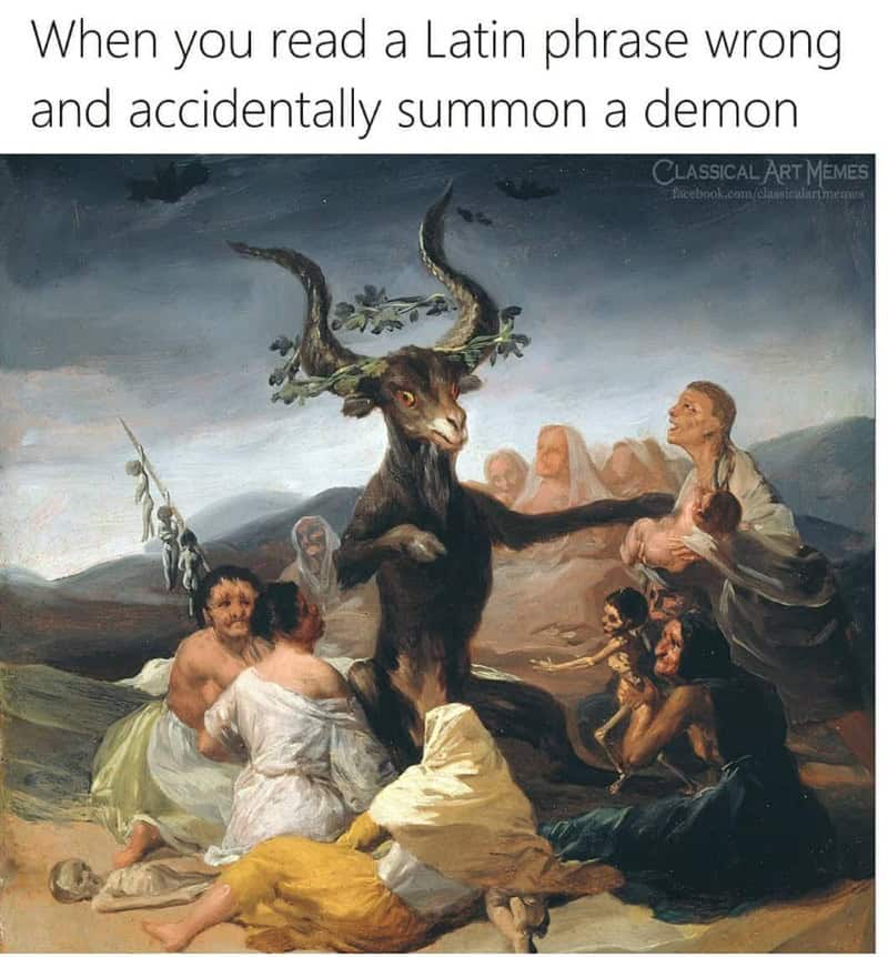 A classical art meme vintage ad showing a woman fighting off a stork with an umbrella for birth control.