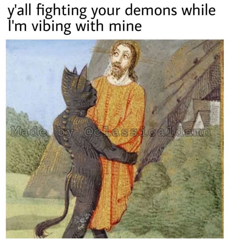 A renaissance animal meme featuring a weird medieval cat painting captioned unbothered moisturized happy.