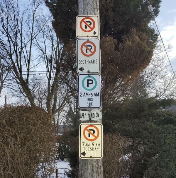A utility pole with multiple confusing parking signs for specific months and times of day.
