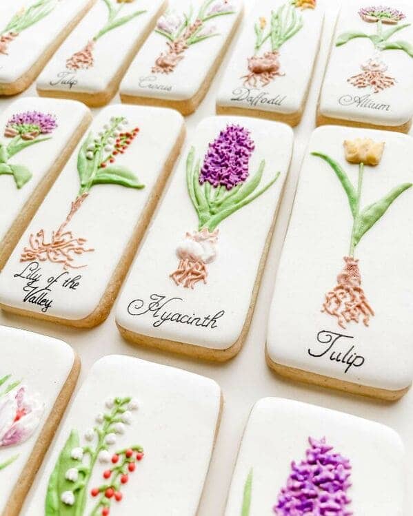 Beautiful cookies decorated like vintage botanical flower illustrations cottagecore baking