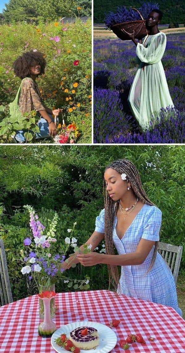 Collage of people enjoying lavender fields picnics and flower arranging cottagecore aesthetic