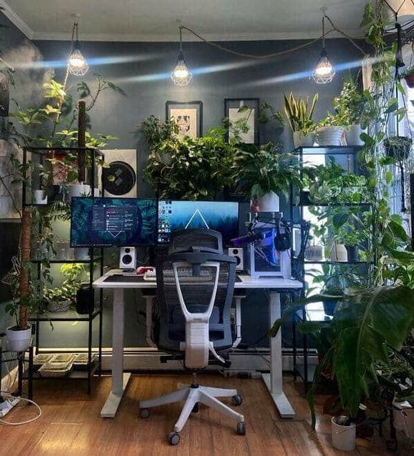 Urban jungle workspace filled with trailing plants and industrial hanging pendant lights.