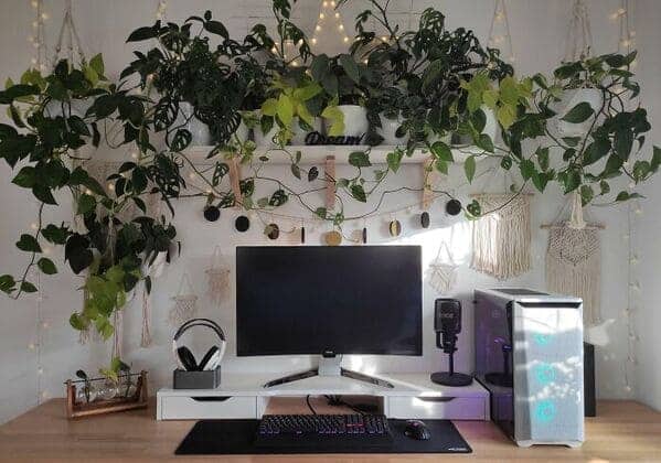 White bohemian desk setup framed by trailing pothos vines and macrame decor.