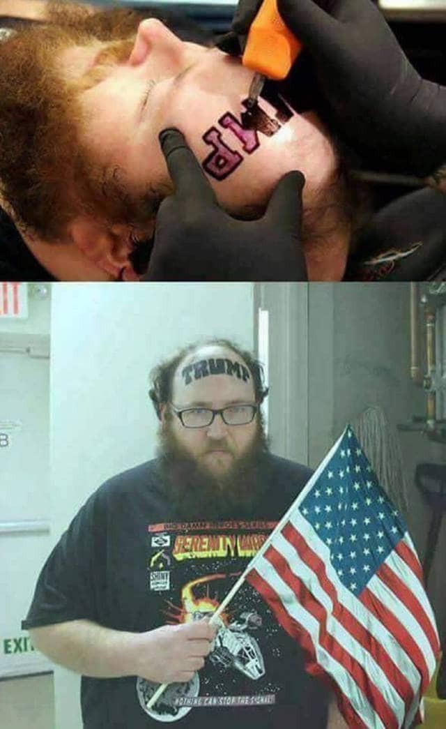 Man with Trump name tattooed on forehead holding American flag cringe photos