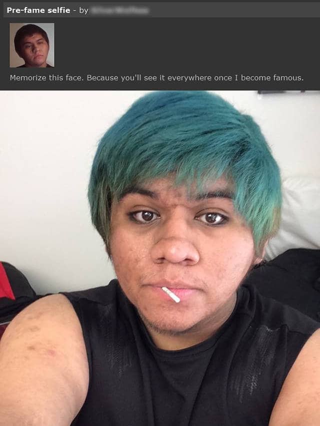 Person with blue hair and lollipop posting confident pre-fame selfie cringe photos