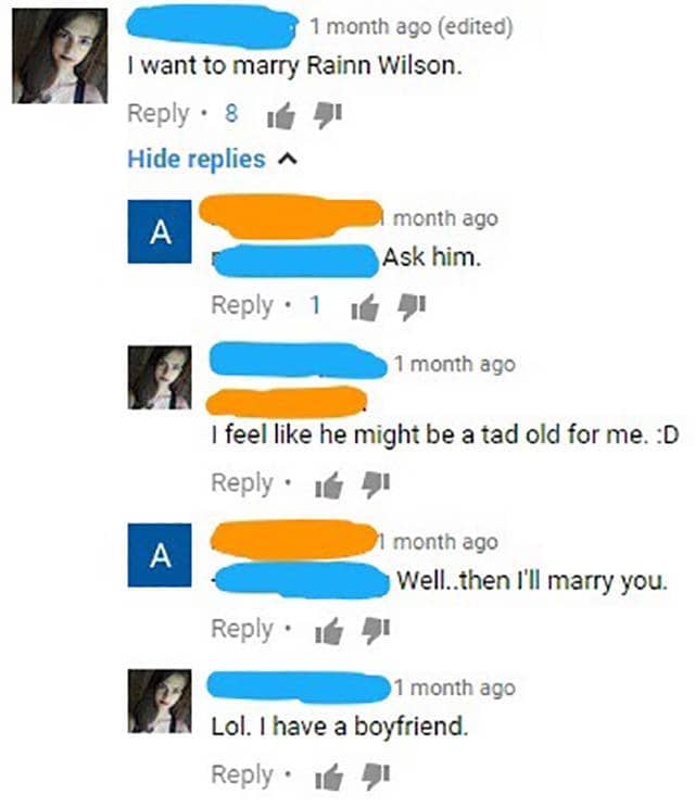 Awkward YouTube comment thread where user gets rejected after proposing marriage cringe photos