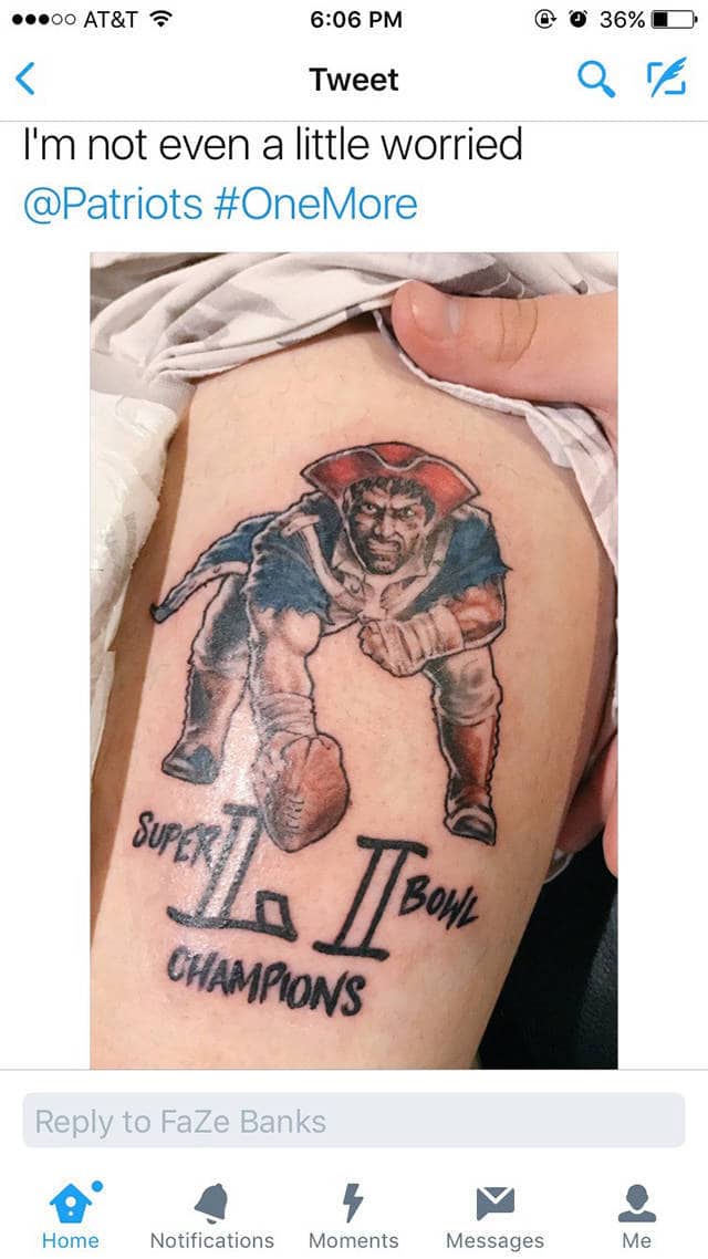 Premature tattoo celebrating Patriots Super Bowl 52 victory that never happened cringe photos
