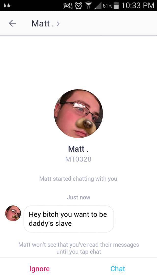 Creepy message from guy with dog filter asking to be daddy's slave cringe photos