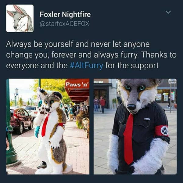 Furry wearing suit with red armband resembling hate symbol cringe photos