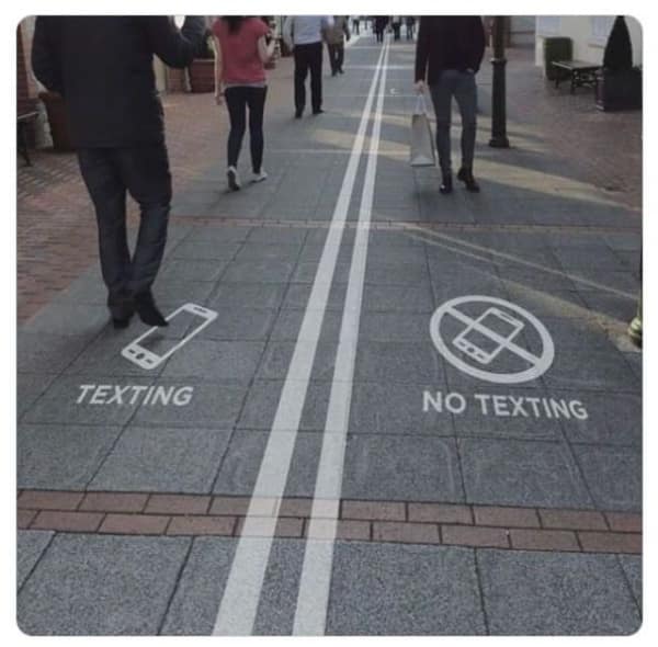 A wtf photo of a paved walkway with designated lanes for Texting and No Texting.