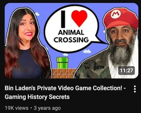 A cursed youtube thumbnail claiming Osama Bin Laden was a fan of Animal Crossing, featuring him in a Mario hat.