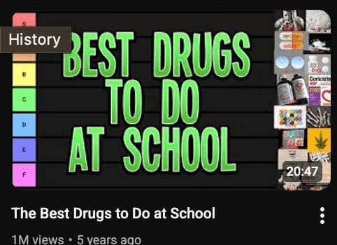 A cursed youtube thumbnail showing a tier list ranking the "Best Drugs to Do at School."