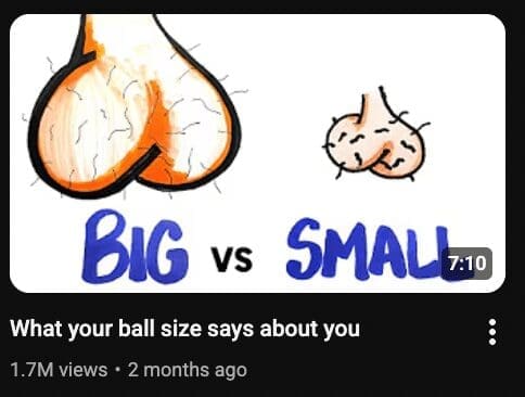 A cursed youtube thumbnail comparing drawings of "Big vs Small" testicles to analyze personality.