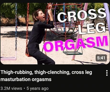 cursed youtube thumbnail of a woman on a playground swing with text about "cross leg orgasms."