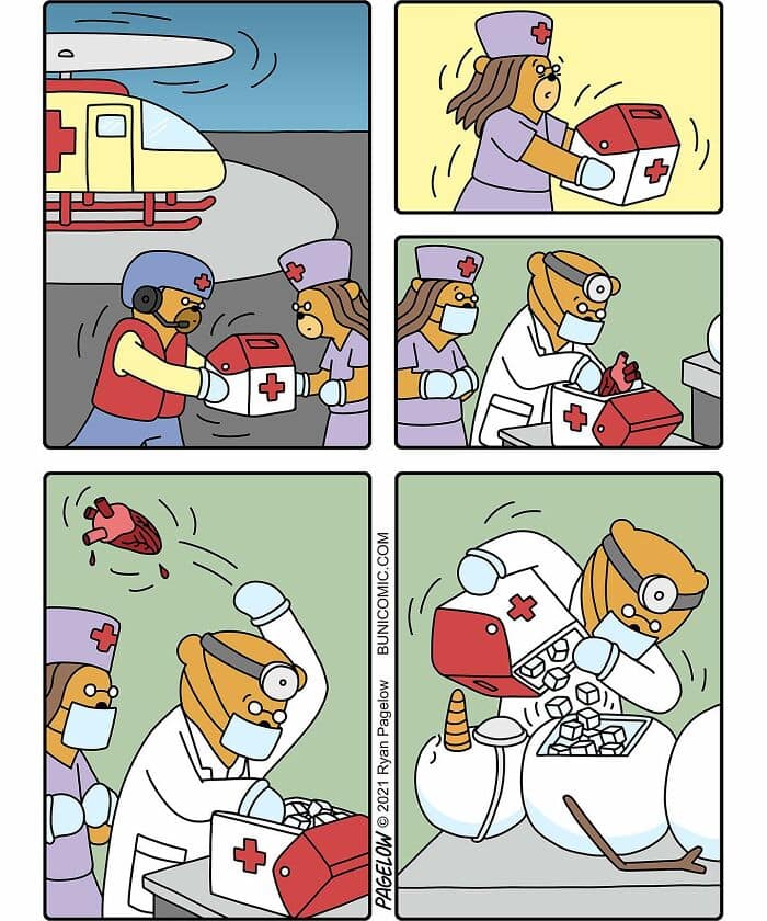A dark humor comic where a heart meant for a transplant is instead used by a doctor to bring a snowman to life.
