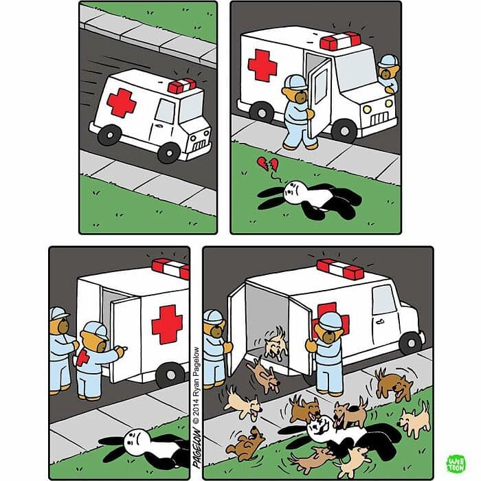A dark humor comic where an ambulance arrives for a fallen bunny, but instead of paramedics, it releases a swarm of puppies to provide emotional support.