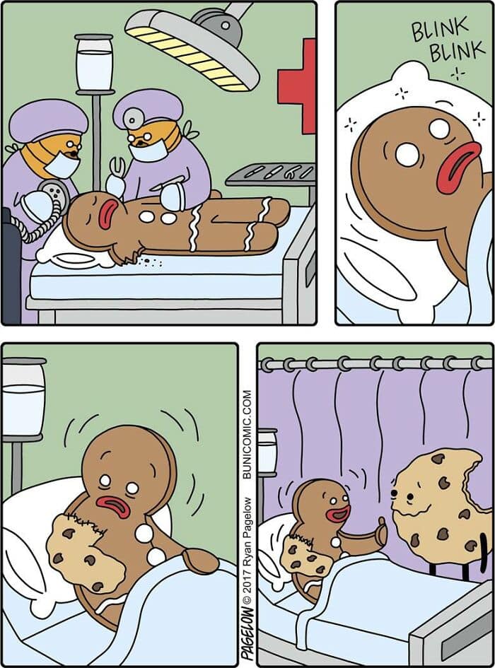 A dark humor comic showing a gingerbread man undergoing a "C-section" surgery to deliver a chocolate chip cookie baby.