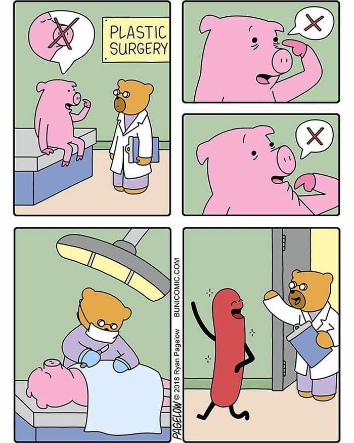 A dark humor comic about a pig visiting a plastic surgeon and emerging from the operating room as a smiling hot dog.