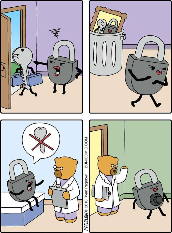 A dark humor comic where a padlock "divorces" its key and undergoes surgery to become a combination lock that doesn't need anyone else.