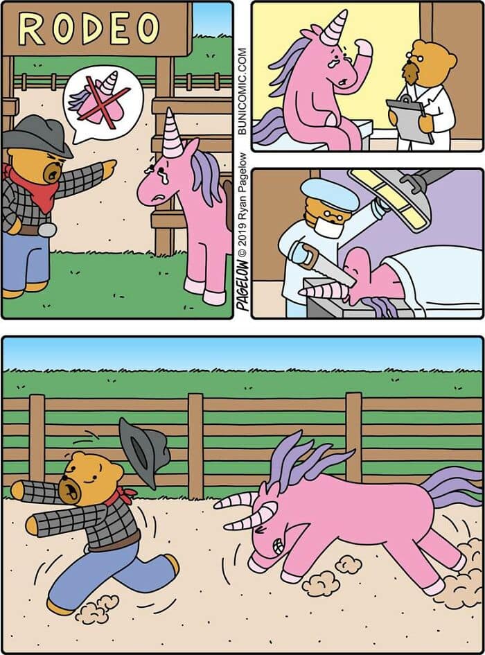 A dark humor comic showing a unicorn being rejected from a rodeo, having its horn sawn off by a doctor, and finally being accepted as a regular horse.