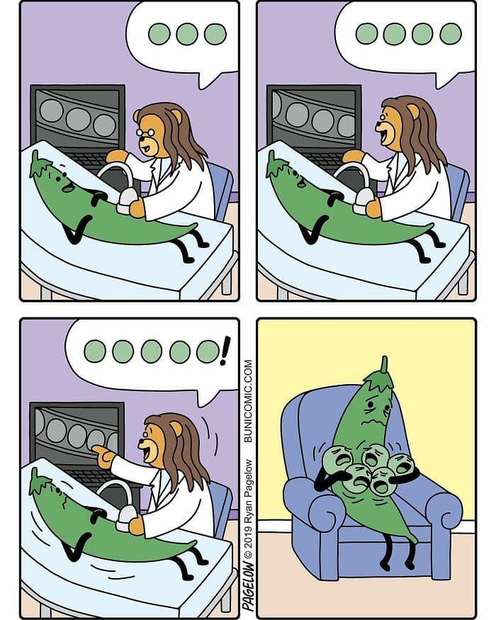 A dark humor comic featuring a pea pod getting an ultrasound and being overwhelmed by the realization that she is having quintuplets.