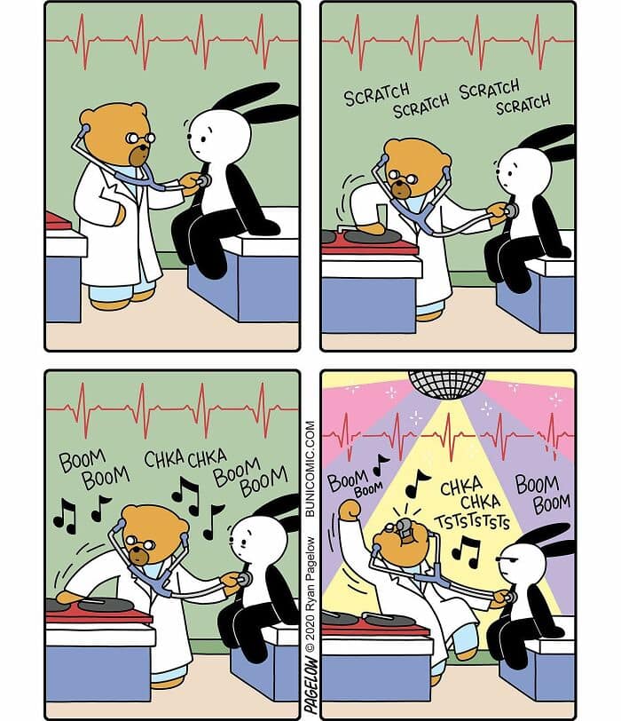 A dark humor comic showing a doctor checkup that turns into a dance party when the bear doctor starts DJ-scratching with the stethoscope.