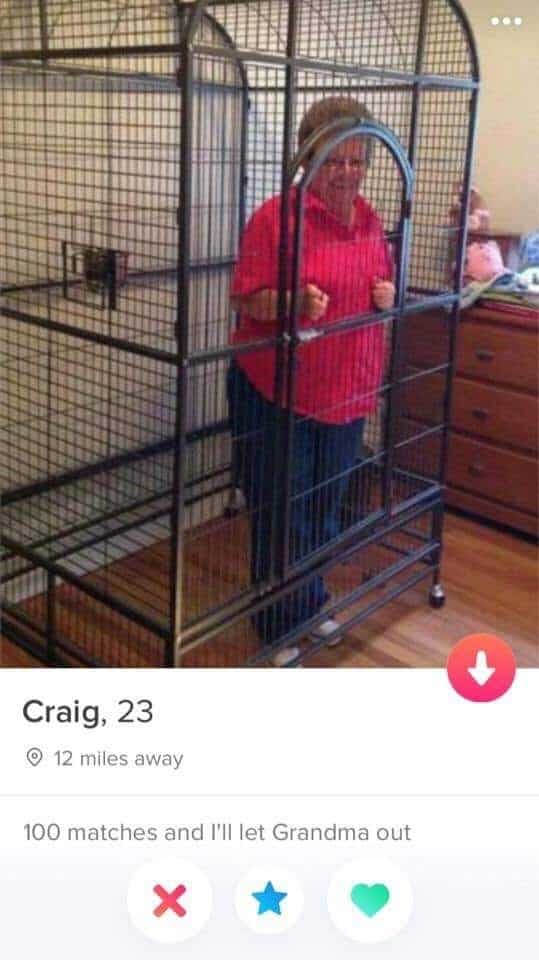 Profile photo of grandma locked in large birdcage holding hostage for matches dating app fails.