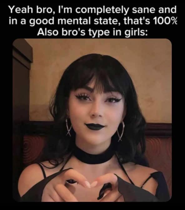 A dating meme comparing a bro claiming to be completely sane to his type which is a goth girl making a heart sign.