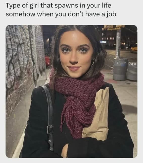 A dating meme showing a pretty brunette woman with text about spawning in your life when you don't have a job