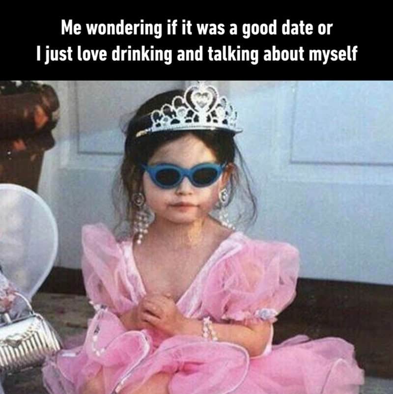 A dating meme of a little girl in a pink dress and sunglasses looking confident about talking about herself.
