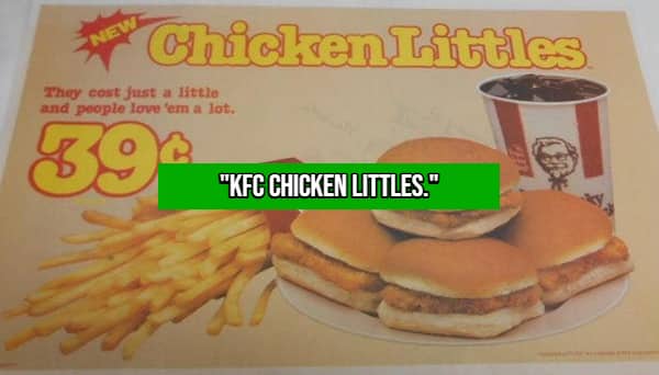 Vintage KFC advertisement flyer showing the original thirty-nine cent Chicken Littles sliders.
