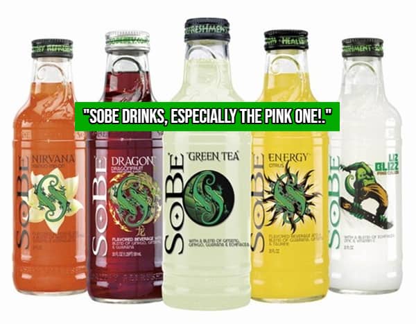 Lineup of glass SoBe bottles including the popular pink lizard fuel flavor.