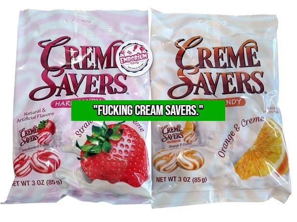 Bags of strawberry and orange Creme Savers hard candy swirl treats.