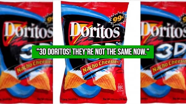 Bags of vintage nineties Doritos 3D Nacho Cheesier puffed snacks.