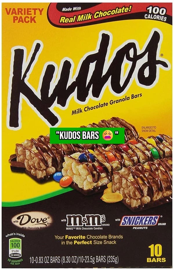 Box of Kudos milk chocolate granola bars variety pack with candy toppings.