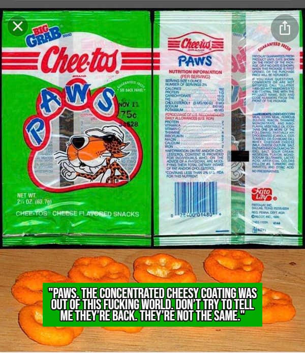 Vintage bag of Cheetos Paws snacks showing the paw shaped cheese puffs.