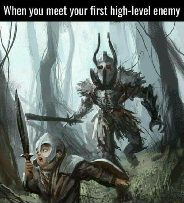 A DnD meme comparing a terrifying dark knight to a scared child soldier representing a first boss encounter.