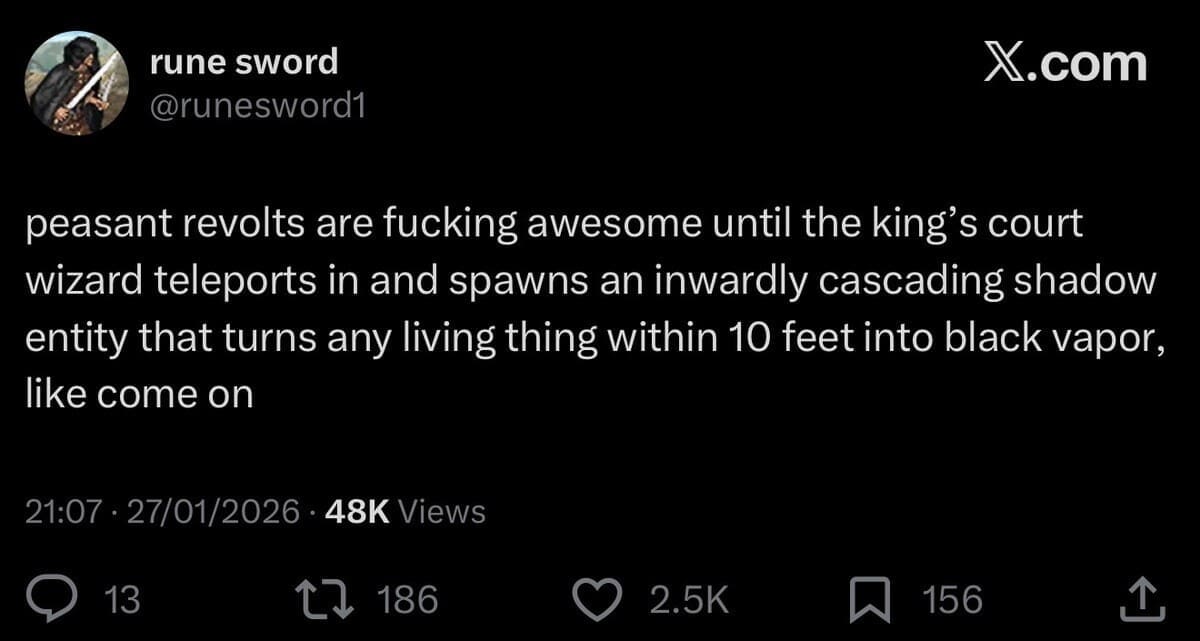 A dnd meme tweet by @runesword1 regarding the futility of peasant revolts against high-level wizards.