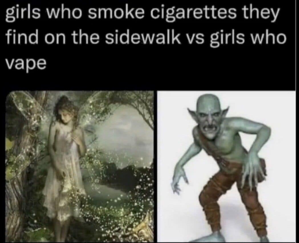 A funny meme comparing cigarette smokers to fairies and vapers to goblins.
