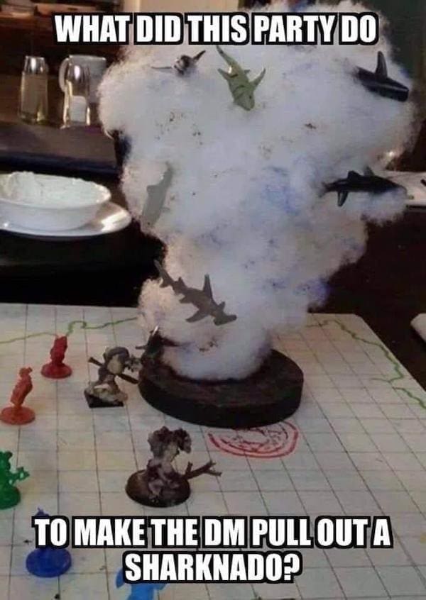 A dnd meme photo of a tabletop map featuring a cotton "tornado" filled with plastic sharks, representing a Sharknado encounter.
