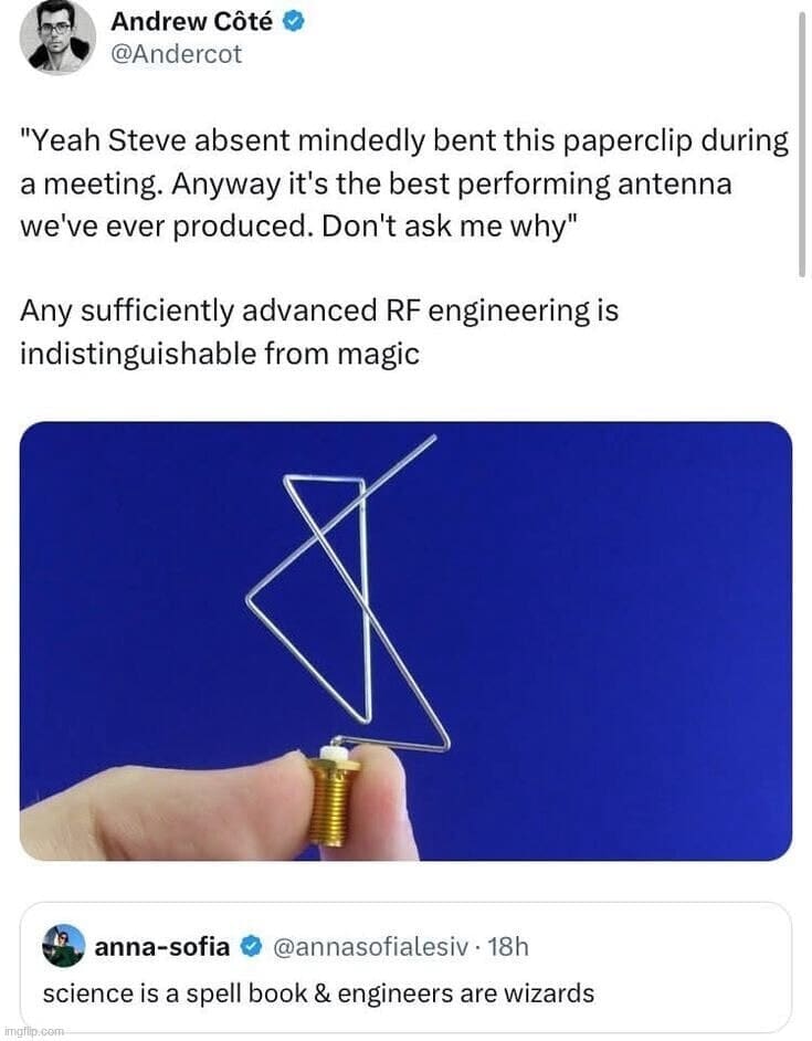 A dnd meme tweet by Andrew Côté comparing an RF engineer's paperclip antenna to a wizard's spellbook.