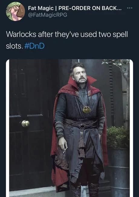 A dnd meme of Ben Affleck smoking and looking exhausted, representing a Warlock out of spell slots