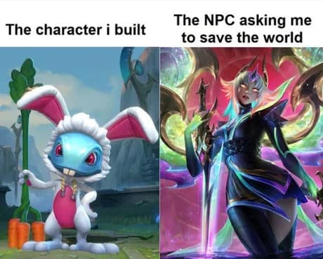 A dnd meme comparing a goofy rabbit character built by the player to the serious NPC asking for help.